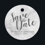 Classy Elegant White Marble Wedding Save the Date Favour Tags<br><div class="desc">Classy Elegant Wedding Save the Date Favour Tags
features title in grey modern script font with name and date in modern sans serif font on white marble background.</div>
