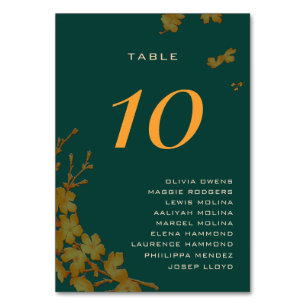 Classy Emerald Green Gold Floral Guest Names Table Number