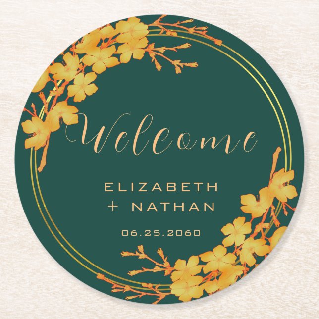 Classy Emerald Green Gold Floral Wedding Welcome Round Paper Coaster (Front)