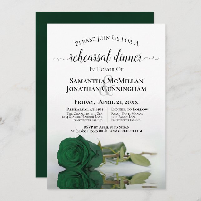 Classy Emerald Green Rose Wedding Rehearsal Dinner Invitation (Front/Back)