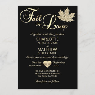Classy FALL IN LOVE Black Gold Maple Leaf Wedding Invitation