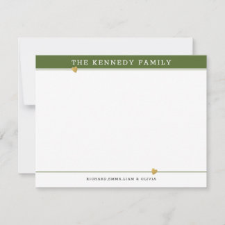Classy Family Name Gold Heart Olive Green & White Card