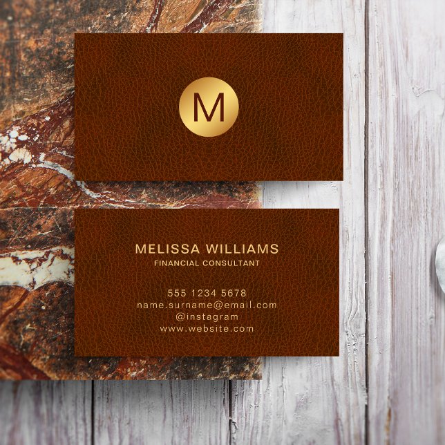 Classy Faux Brown Leather & Gold Initial Logo  Business Card (Creator Uploaded)