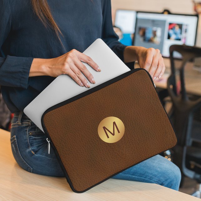 Classy Faux Brown Leather & Gold Initial Name Laptop Sleeve (Creator Uploaded)