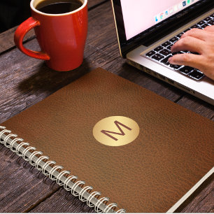 Classy Faux Brown Leather & Gold Initial Name Notebook