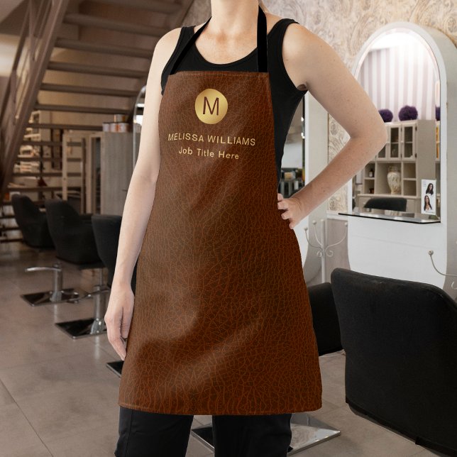  Classy Faux Brown Leather & Gold Monogram Uniform Apron (Creator Uploaded)