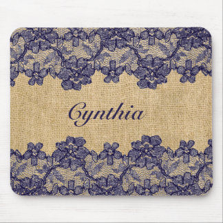 Classy Faux Burlap and Navy Lace Mouse Pad