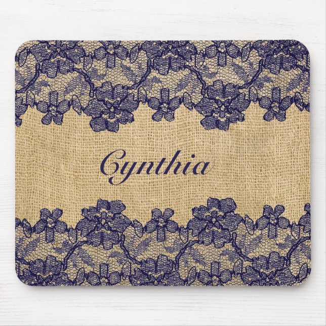 Classy Faux Burlap and Navy Lace Mouse Pad (Front)