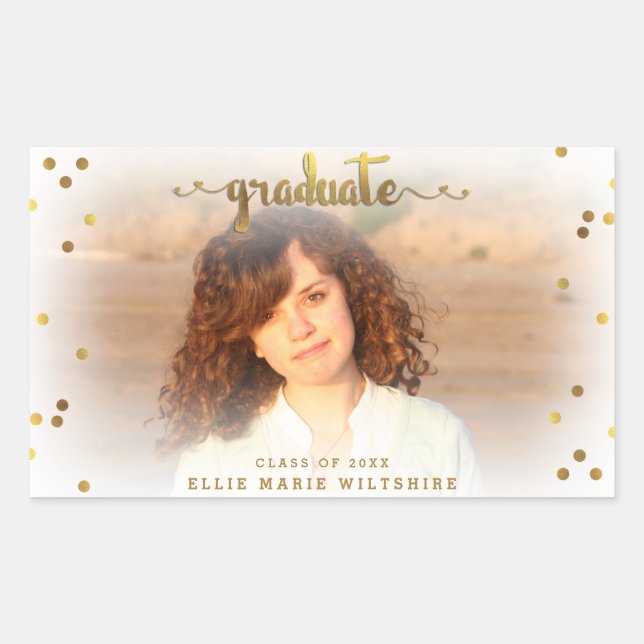 Classy Faux Gold Foil Confetti Graduation Photo Rectangular Sticker (Front)