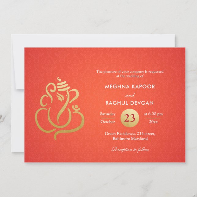 Classy Faux Gold Foil Ganesha Indian Red Damask Invitation (Front)