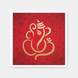 Classy Faux Gold Foil Ganesha Indian Red Damask Napkin