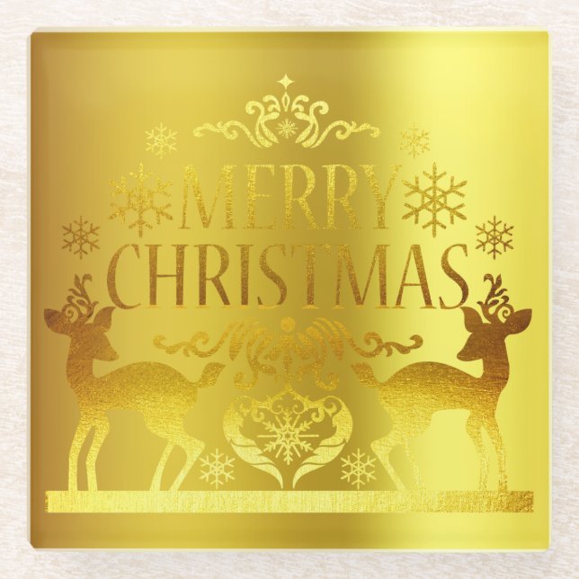 Classy Faux Gold Merry Christmas Glass Coaster (Front)