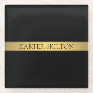Classy Faux Gold Stripe & Black Background or DIY Glass Coaster