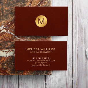 Classy Faux Red Leather & Gold Monogram Name Business Card