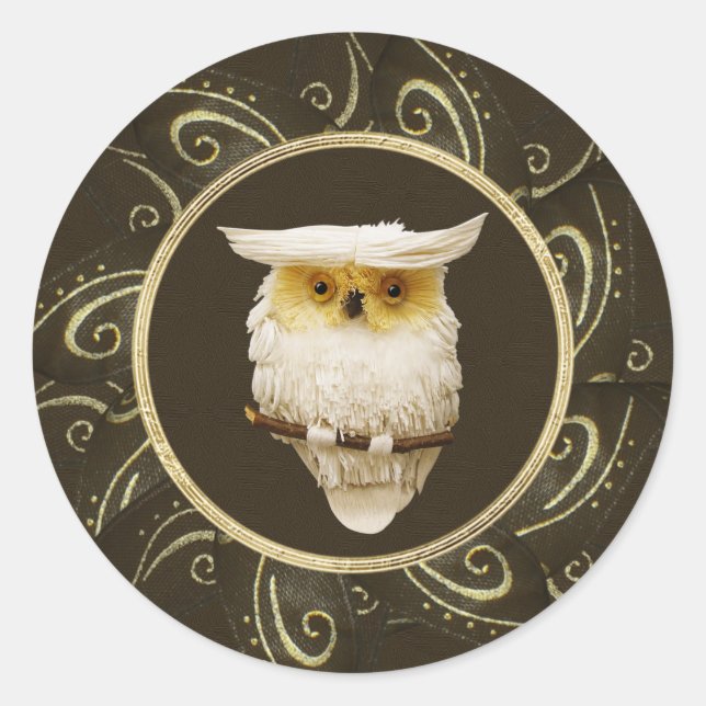 Classy Festive Snowy Owl Gold & Brown Stickers (Front)