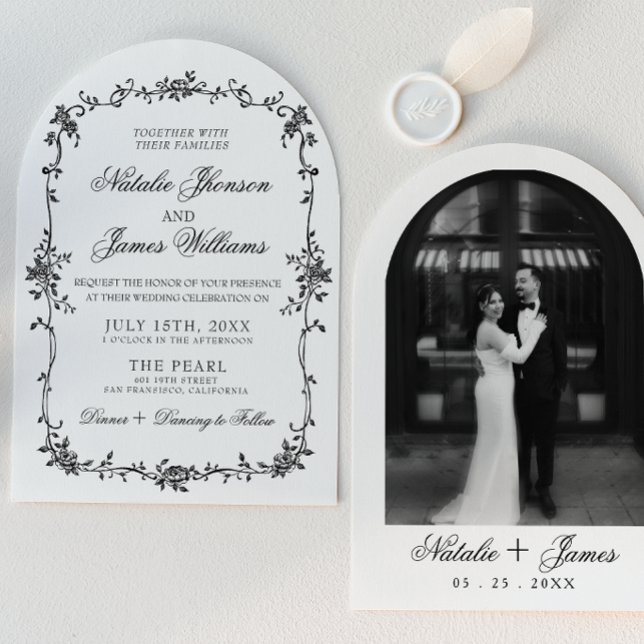 Classy Floral Black White Botanical Arched Wedding Invitation (Creator Uploaded)