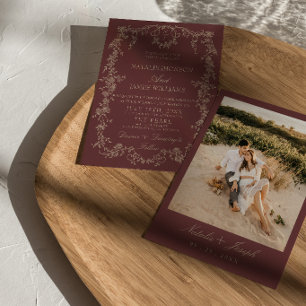 Classy Floral Burgundy Heels Retro Photo Wedding Invitation