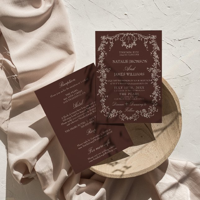 Classy Floral Chocolate Brown All In One Wedding Invitation (Creator Uploaded)
