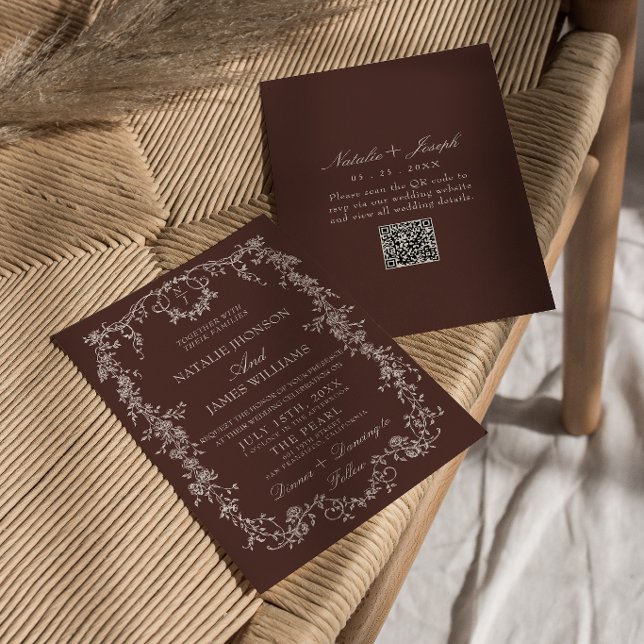 Classy Floral Chocolate Brown QR Code Wedding Invitation (Creator Uploaded)