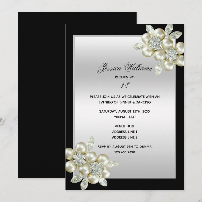 Classy Floral Diamonds Gems Birthday Invitation (Front/Back)