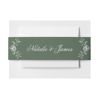 Classy Floral Emerald Green Old Money Boho Wedding Invitation Belly Band