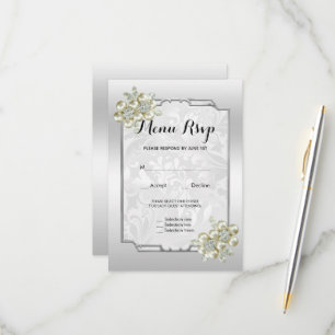 Classy Floral Gem, Silver Framed Wedding Menu RSVP
