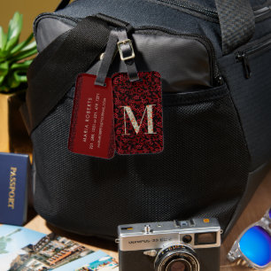 Classy Floral Monogrammed Letter M dark red Luggage Tag