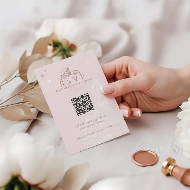 Classy Floral Moon Stars Tiara Quinceañera QR Code RSVP Card (Classy Floral Moon Stars Tiara Quinceañera QR Code RSVP Card)