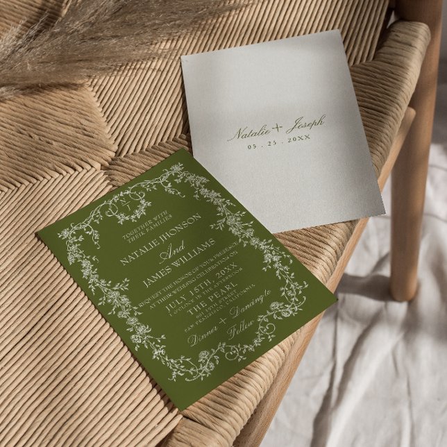Classy Floral Olive Green Garden Monogram Wedding Invitation (Creator Uploaded)