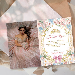 Classy Floral Pink Quinceanera Photo ThankYou Card