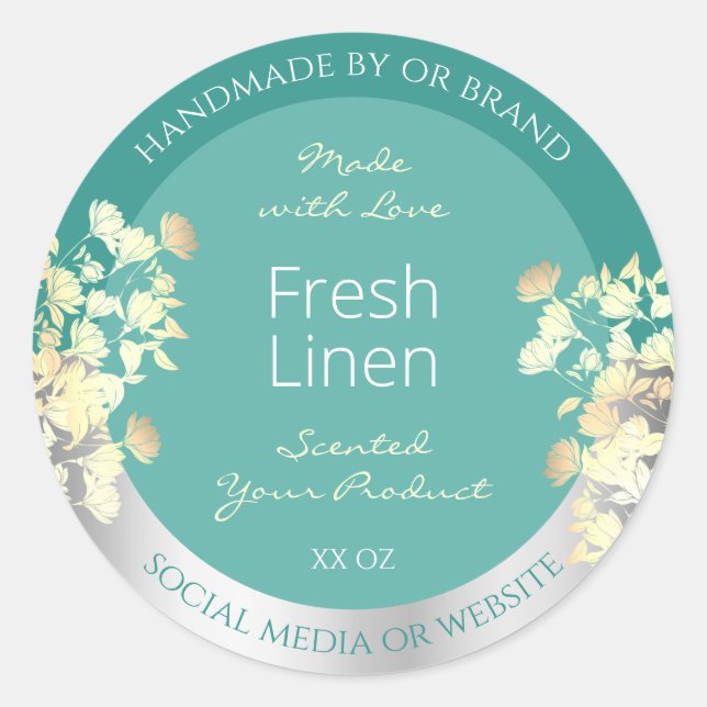 Classy Floral Product Packaging Labels Teal Silver (Front)