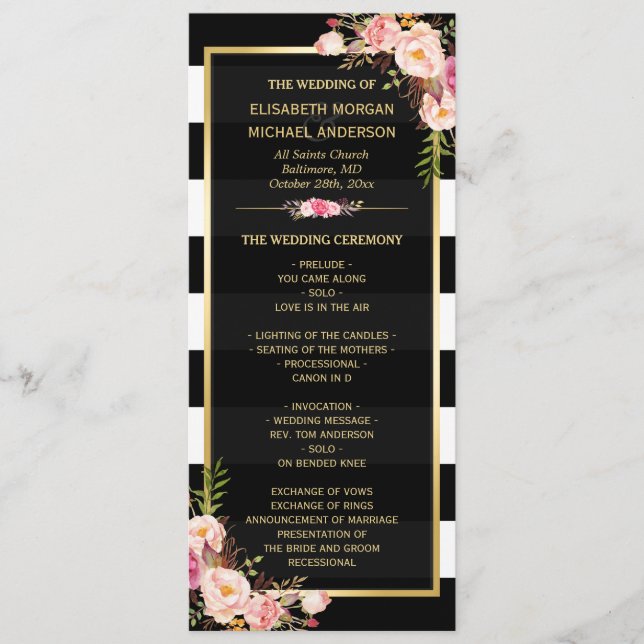 Classy Floral Stripes Gold Frame Wedding Program Programme (Front)