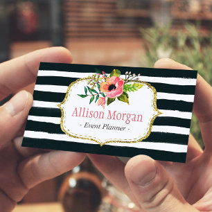 Classy Floral Watercolor Black White Striped Business Card