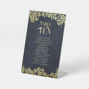Classy Flourish Navy Blue And Gold Winter Wedding Pedestal Sign
