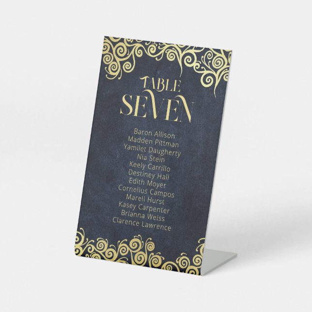  Classy Flourish Navy Blue And Gold Winter Wedding Pedestal Sign (Front)