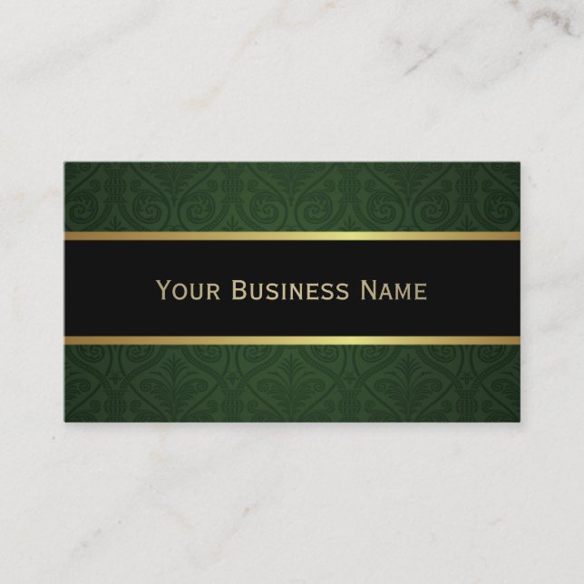 Classy Forest Green Damask Black Business Card (Front)