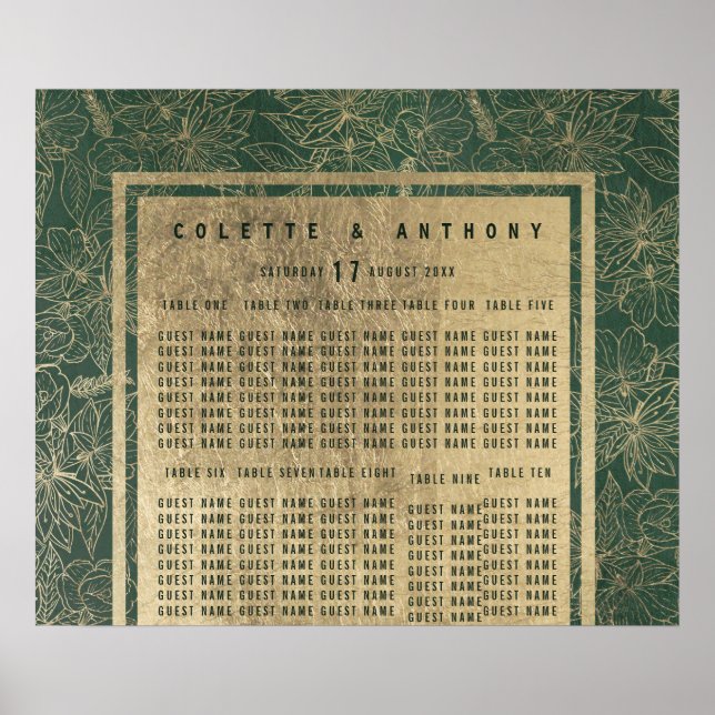 Classy forest green gold floral Seating Chart (Front)