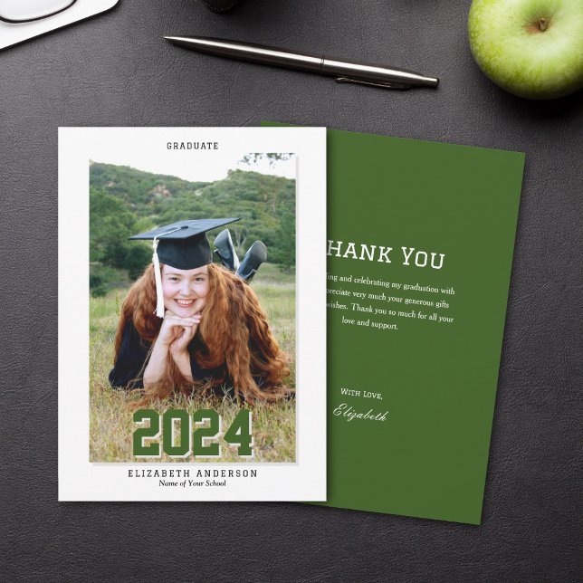 Classy Forest Green Graduate 2024 Graduation Photo Thank You Card (Creator Uploaded)