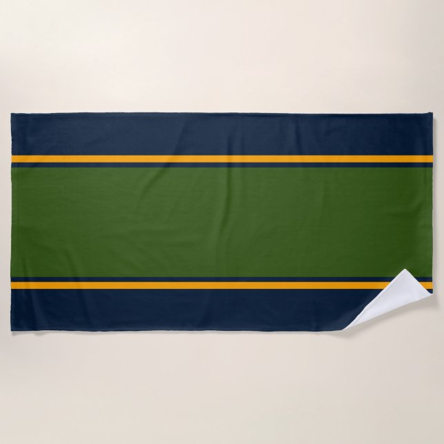 Classy Forest Green Orange Racing Stripes On Navy Beach Towel (Front)
