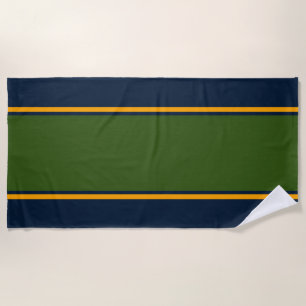 Classy Forest Green Yellow Racing Stripes On Navy Beach Towel