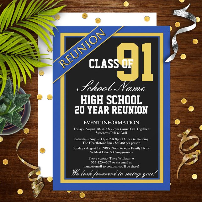 Classy Formal Blue and Gold High School Reunion Invitation (Creator Uploaded)