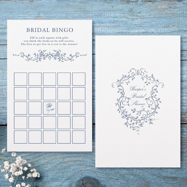 Classy French Blue Floral Bridal Bingo Game  (Front & Back)