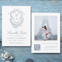 Classy French Blue Floral Crest Wedding Photo