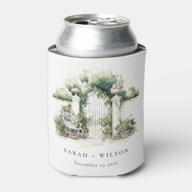Classy French Garden Landscape Watercolor Wedding Can Cooler (Can Front)