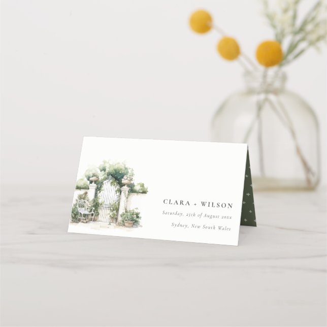 Classy French Garden Landscape Watercolor Wedding Place Card (Front)