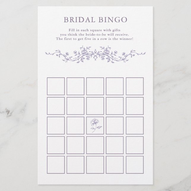 Classy French Lavender Floral Bridal Bingo Game  (Front)