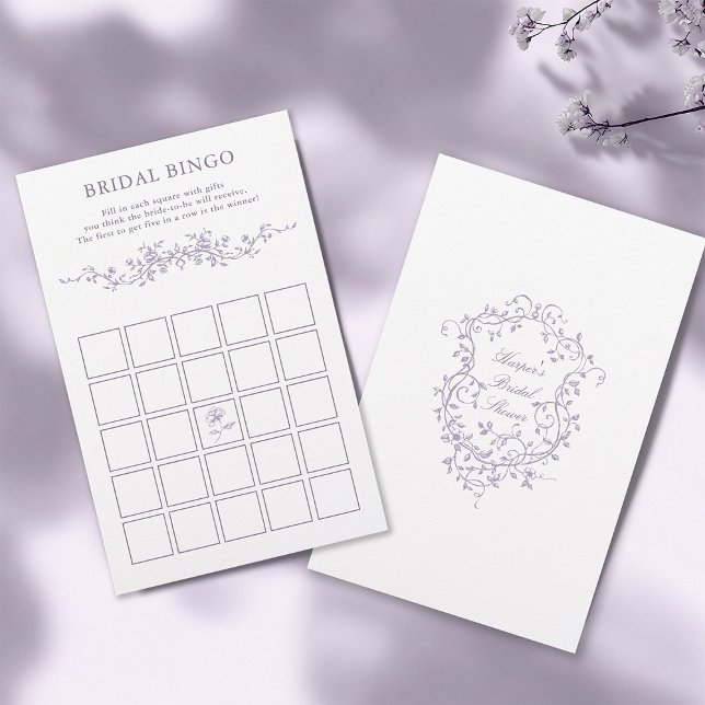 Classy French Lavender Floral Bridal Bingo Game  (Front & Back)