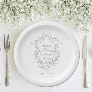 Classy French Sage Green Foral Crest Bridal Shower Paper Plate