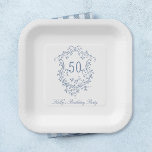 Classy French Victorian Blue 50th Birthday Party Paper Plate<br><div class="desc">Classic French Victorian blue floral crest birthday paper plate for any age. For more advanced customisation of this design,  please click the DESIGN TOOL BUTTON above!</div>