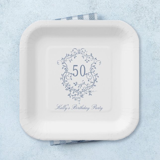 Classy French Victorian Blue 50th Birthday Party Paper Plate (Creator Uploaded)